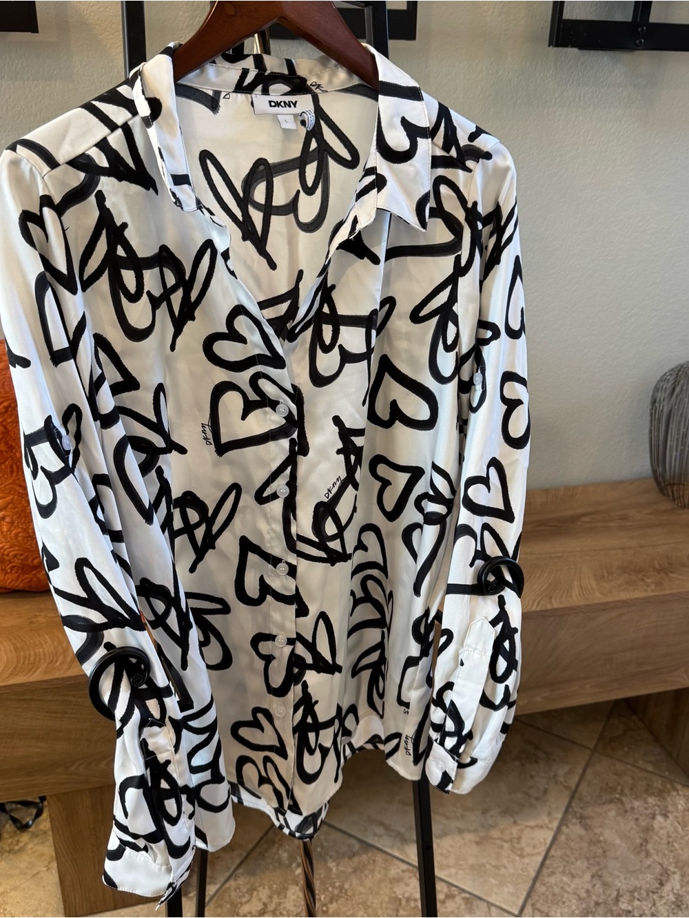 DKNY White Button-Down Shirt with Black Heart & Scribble Print